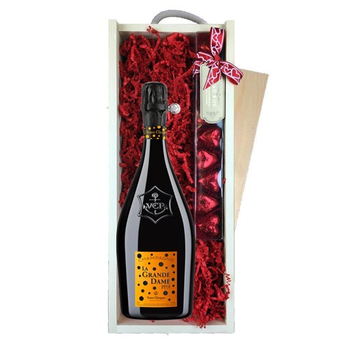 La Grande Dame 2012 Champagne 75cl & Chocolate Praline Hearts, Wooden Box